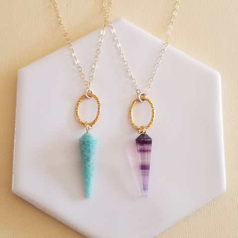 Amazonite Necklace, Gold Amazonite Pendulum Necklace, Long Gemstone Pendant Necklace, Amazonite or Fluorite