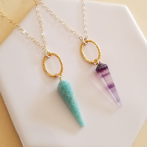 Amazonite Necklace, Gold Amazonite Pendulum Necklace, Long Gemstone Pendant Necklace, Amazonite or Fluorite