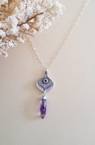 Amethyst Spike Stone Pendant Necklace, Dainty Sterling Silver Chain