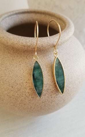 Raw Emerald Dangle Earrings, Gold Emerald Earrings for Women