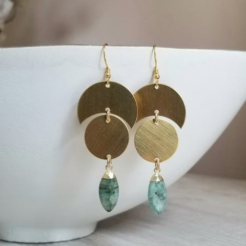 Gold Geometric Earrings with Raw Gemstone, Celestial Earrings