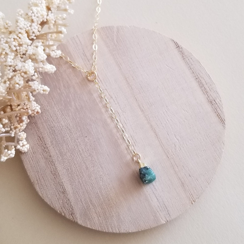 Raw Emerald Y Style Necklace, Center Drop Necklace, May Birthstone, Dainty Gold Necklace, Gift for Her