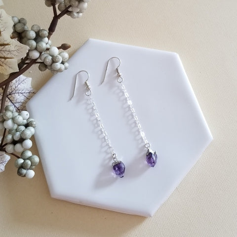 Birthstone Earrings, Raw Gemstone Earrings, Dainty Stone Chain Earrings, Personalized Gift for Her