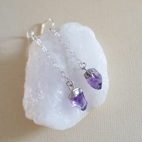 Raw Crystal Earrings, Handmade Birthstone Earrings, Long Dainty Chain Earrings