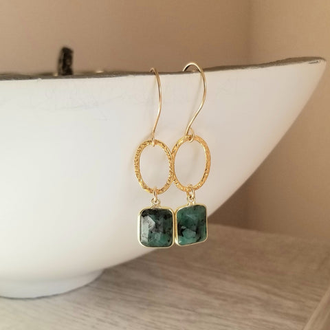 Raw Emerald Earrings, Gold Circle Earrings, Emerald Dangle Earrings, Small Hoops, Gift for Her, Gemstone Earrings, Emerald Jewelry
