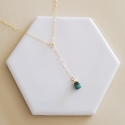Raw Emerald Y Style Necklace, Center Drop Necklace, May Birthstone, Birthday Gift for Her