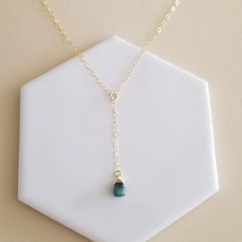 Raw Emerald Y Style Necklace, Center Drop Necklace, May Birthstone, Boho Emerald Jewelry