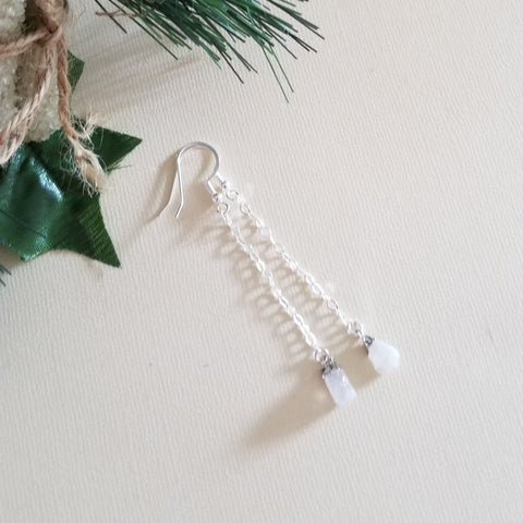 Raw Moonstone Earrings, Birthstone Earrings, Dainty Gemstone Chain Earrings, Threader Earrings, Gift for Her