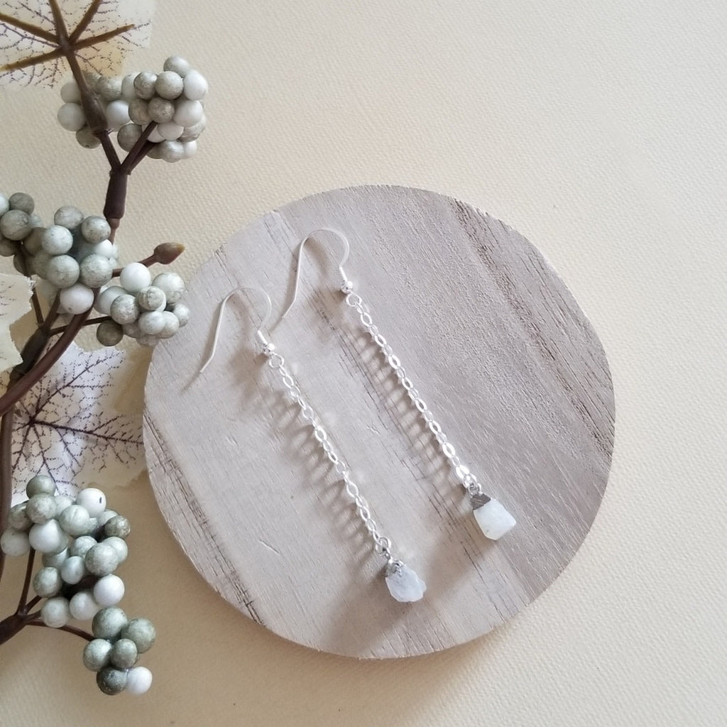 Raw Moonstone Earrings, Birthstone Earrings, Dainty Gemstone Chain Earrings