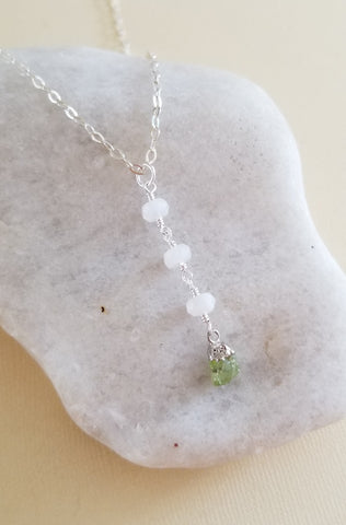 Raw Peridot and Moonstone Y Necklace, Silver or Gold