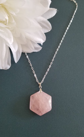 Rose Quartz Hexagon Pendant Necklace