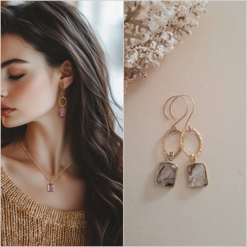 Boho Stone Earrings, Gold Gemstone Dangle Earrings, Copper Rutilated Quartz Crystal Earrings, Gift for Women