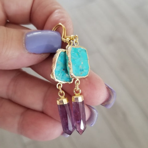 Turquoise and Amethyst Earrings, Boho Stone Earrings