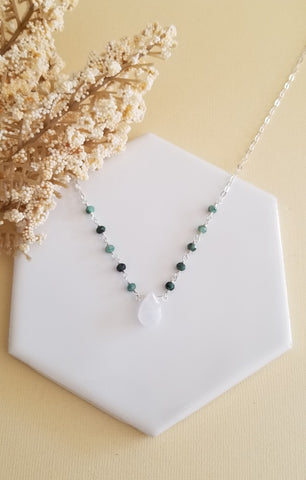 Emerald and Moonstone Teardrop Necklace, Dainty Gemstone Necklace
