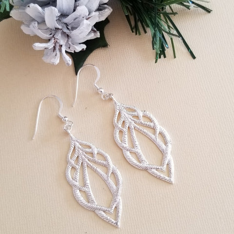 Brushed Silver or Gold Dangle Earrings, Boho Feather Design