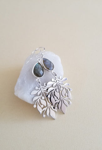 Gold Leaf Labradorite Dangle Earrings, Gold or Silver