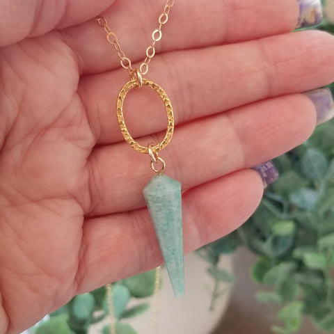 Amazonite Necklace, Gold Amazonite Pendulum Necklace, Long Gemstone Pendant Necklace, Amazonite or Fluorite