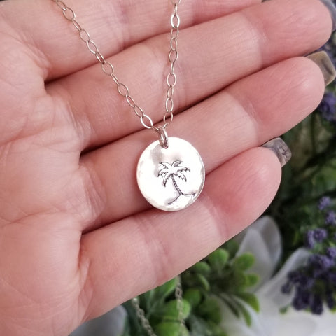 Palm Tree Charm Necklace, Layering Necklace, Dainty Disc Necklace