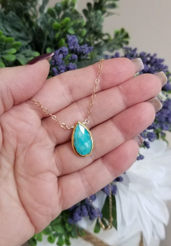 Gold Turquoise Teardrop Pendant Necklace, Dainty Gold Chain