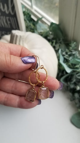 Copper Rutilated Quartz Earrings, Gold Circle Earrings, Crystal Dangle Earrings, Small Hoops