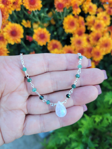 Emerald and Moonstone Teardrop Necklace, Dainty Gemstone Necklace