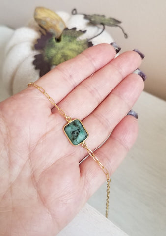 Gold Paperclip Chain Necklace with Rectangle Emerald Stone