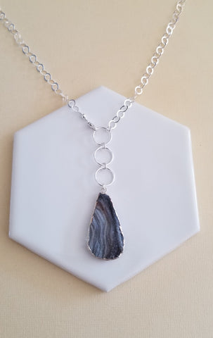 Unique Druzy Pendant Necklace, Sterling Silver Circle Link Chain, Statement Necklace, Christmas Gift for Her, Handmade Silver Necklace