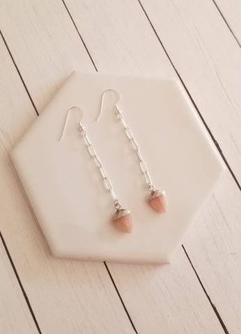 Pink Opal Earrings, Long Paperclip Chain Earrings with Pink Opal