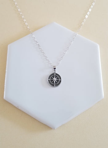 Sterling Silver Compass Necklace, Dainty Coordinate Necklace, North Star Necklace, Compass Medallion Necklace, Gift for Her, Compass Pendant