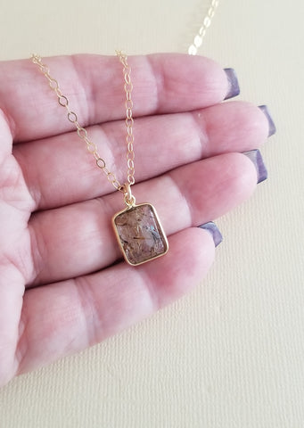 Dainty Gold Copper Rutilated Quartz Pendant Necklace
