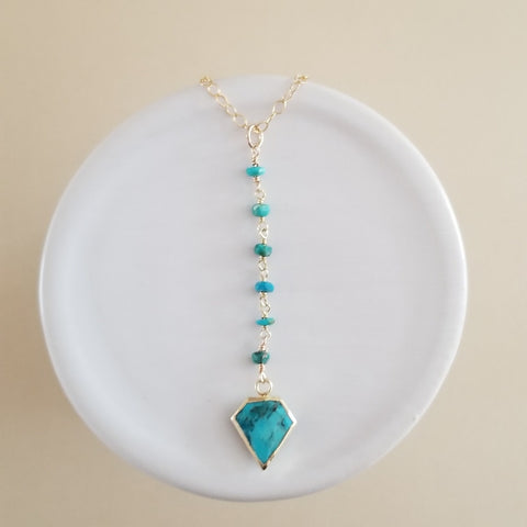 Handmade turquoise center drop necklace, Bohemian y necklace for women