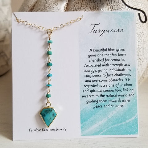 Turquoise Y Necklace, Boho Turquoise Pendant Necklace, Long Center Drop Necklace for women, Necklace and card gift set