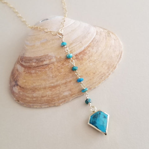 Turquoise center drop necklace, Bohemian long pendant necklace, Handmade boho y necklace for her