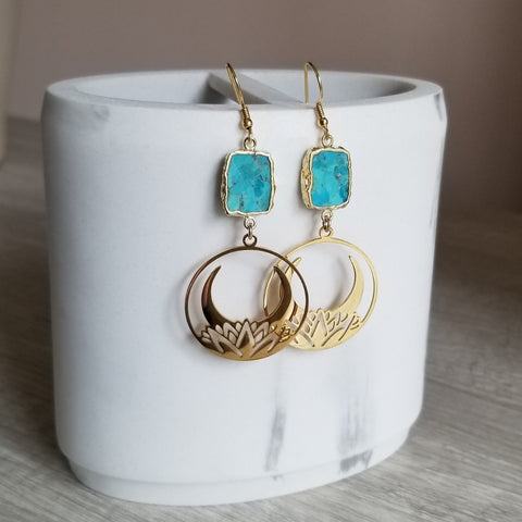Gold Turquoise Lotus Moon Dangle Earrings