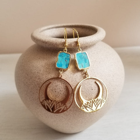 Handmade Gold Turquoise Lotus Moon Dangle Earrings, Jewelry Gift for Her