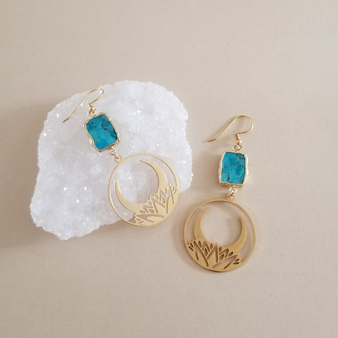 Gold Turquoise Lotus Moon Dangle Earrings
