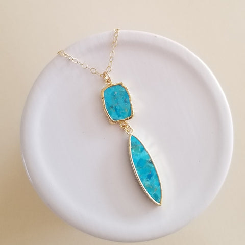 Turquoise Pendant Necklace, Boho Turquoise Necklace, Gold Gemstone Necklace, Long Center Drop Pendant, Statement Necklace