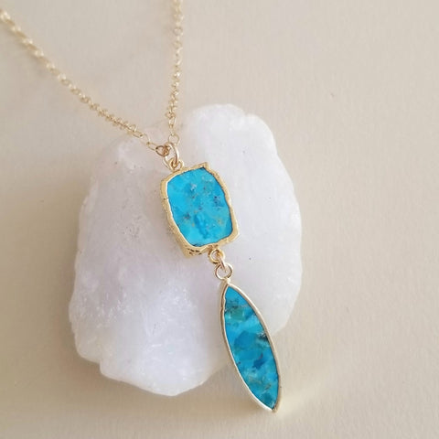 Turquoise Pendant Necklace, Boho Turquoise Necklace, Gold Gemstone Necklace, Unique Stone Necklace
