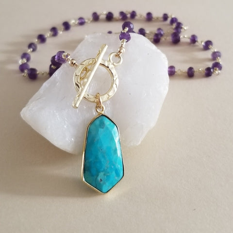 Beaded Amethyst Necklace with Turquoise Pendant, Front Toggle Gemstone Necklace, Boho Chic Jewelry for Women, Statement Necklace