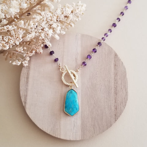 Beaded Amethyst Necklace with Turquoise Pendant, Front Toggle Gemstone Necklace, Boho Chic Jewelry for Women