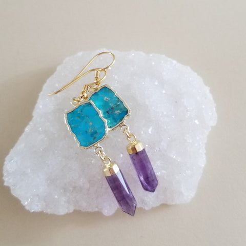 Turquoise and purple gemstone earrings, Amethyst Spike Stone Earrings