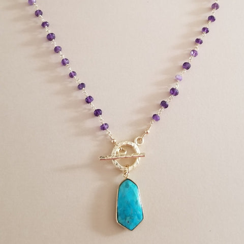 Handmade Amethyst Front Toggle Necklace with Turquoise Pendant, Boho Chic