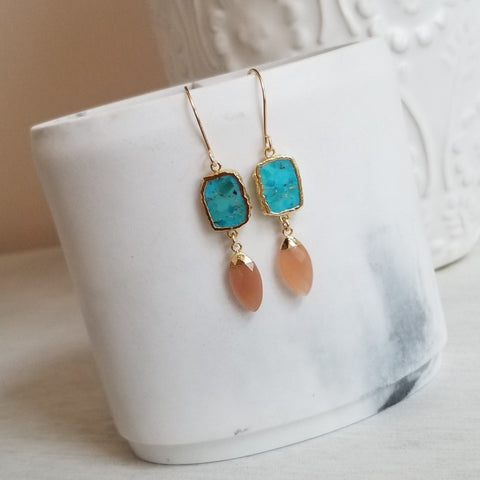 Turquoise and Peach Moonstone Earrings, Modern Bohemian Gemstone Earrings