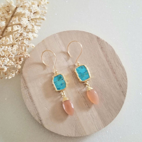 Turquoise and Peach Moonstone Earrings, Modern Bohemian Gemstone Earrings, Turquoise Jewelry, Handmade Earrings, Statement Earrings