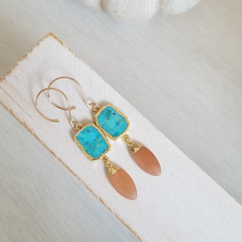 Turquoise and Peach Moonstone Earrings, Modern Bohemian Gemstone Earrings