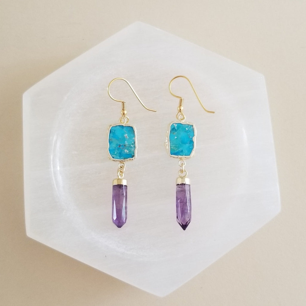 Turquoise and Amethyst Earrings, Boho Stone Earrings