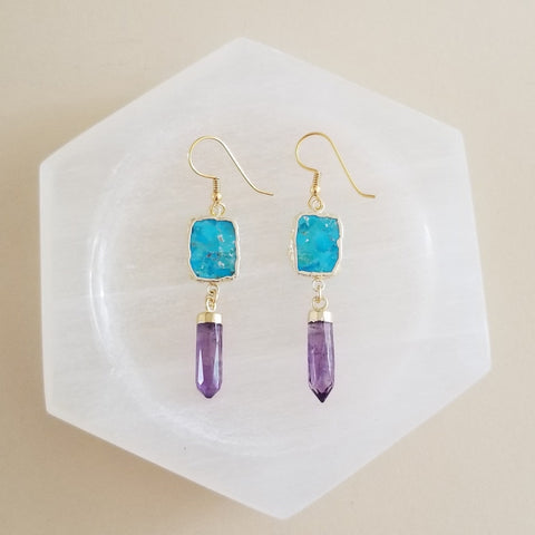 Turquoise and Amethyst Earrings, Boho Stone Earrings