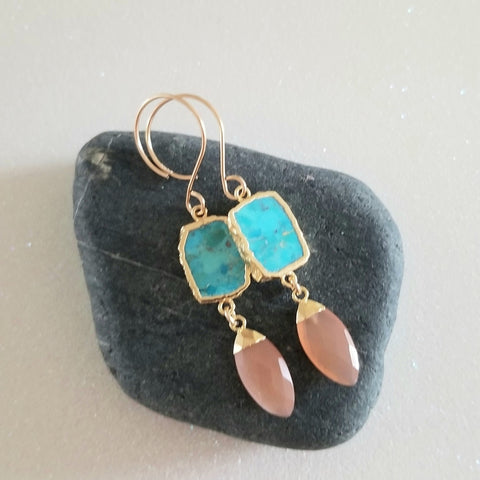 Turquoise and Peach Moonstone Earrings, Modern Bohemian Gemstone Earrings, Handmade Gemstone Jewelry for Women