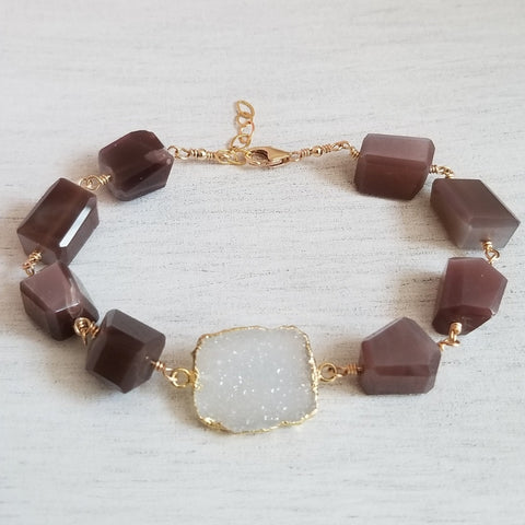 One of a kind Chocolate Moonstone and Druzy Bracelet, Pantone Color for 2025