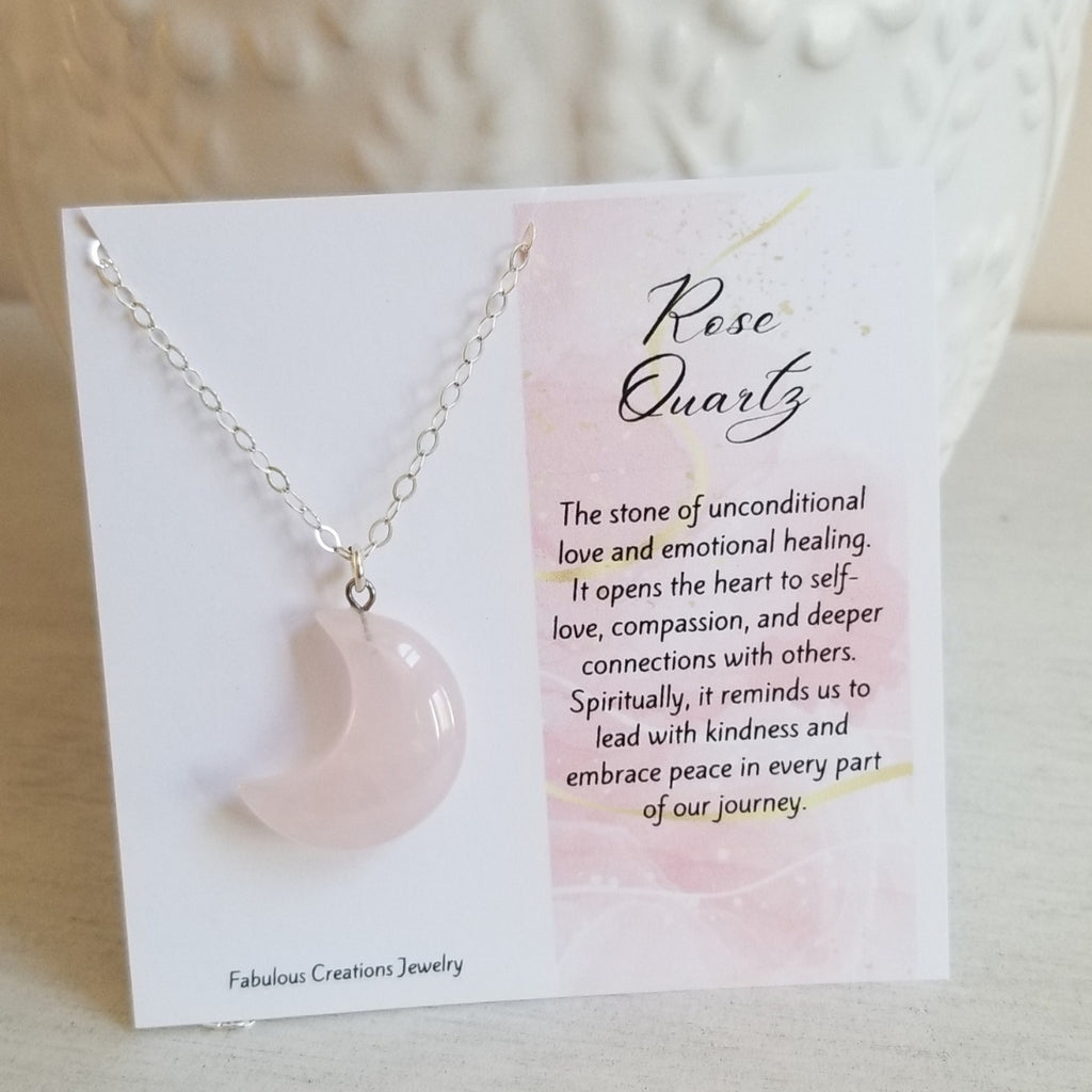 A Rose Quartz Crescent Moon pendant necklace on a dainty sterling silver chain, paired with a meaningful gift card. A thoughtful and feminine gift that symbolizes love, healing, and positive energy.